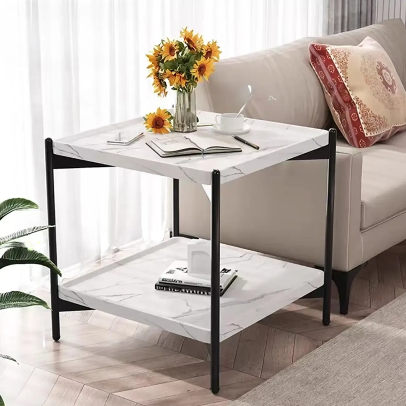2 Tier Wood Square End Table - Modern Metal Frame Image - 3