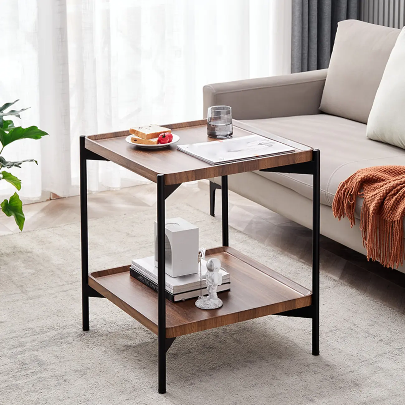 2 Tier Wood Square End Table - Modern Metal Frame Image - 4 | homeyfad