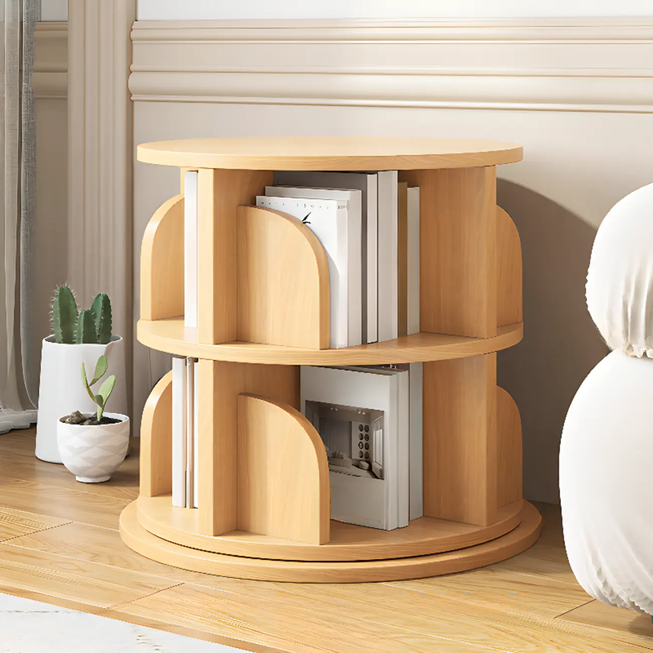 Modern Natural Wood Rotating Bookshelf Image - 9 | homeyfad