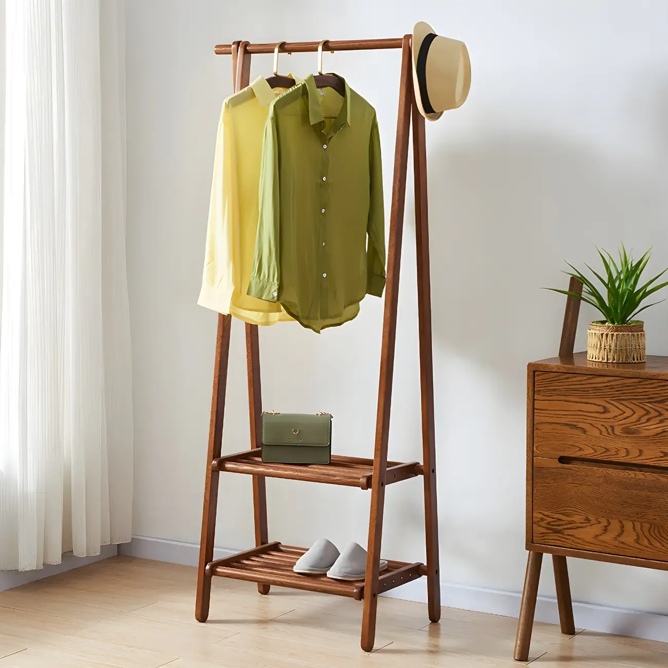 Brown Freestanding Open Wardrobe Ash Wood with Clothing Rod | HomeyFad