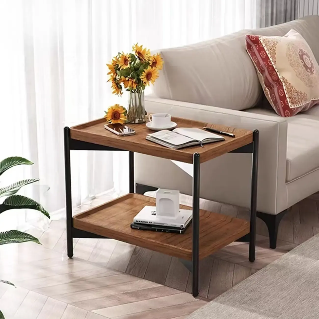 2 Tier Wood Square End Table - Modern Metal Frame Image - 5