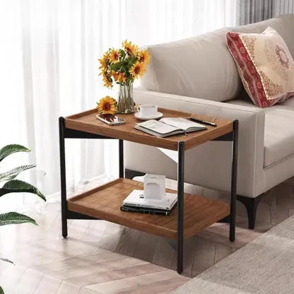 2 Tier Wood Square End Table - Modern Metal Frame Image - 5