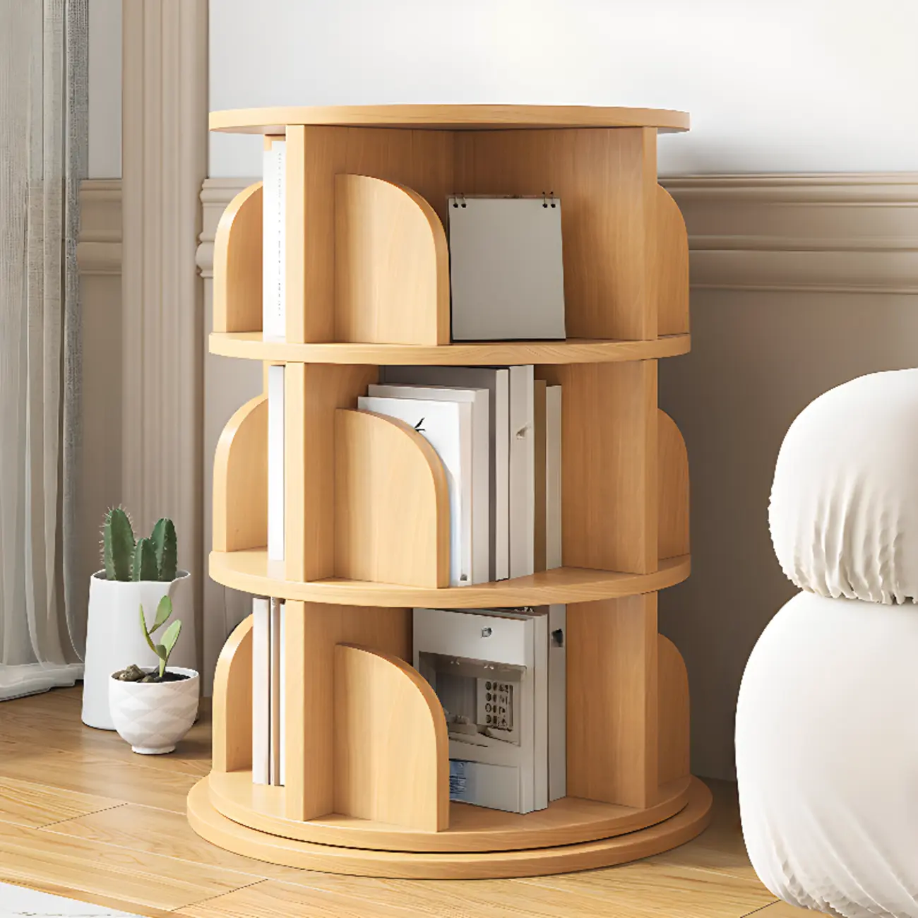Modern Natural Wood Rotating Bookshelf Image - 11 | homeyfad