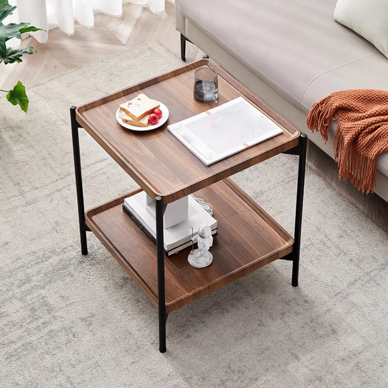 2 Tier Wood Square End Table - Modern Metal Frame Image - 6 | homeyfad