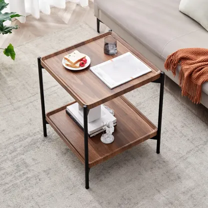 2 Tier Wood Square End Table - Modern Metal Frame Image - 6