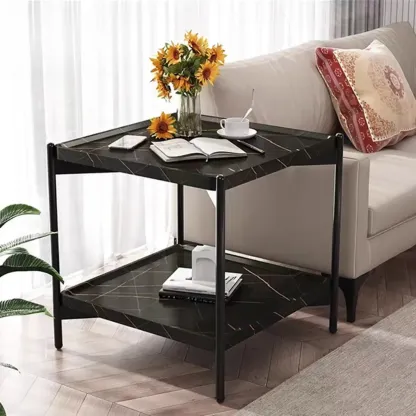 2 Tier Wood Square End Table - Modern Metal Frame Image - 7