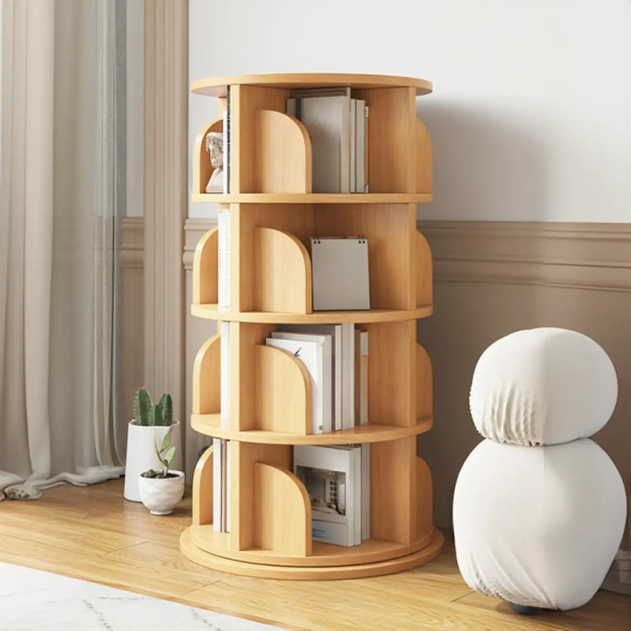Modern Natural Wood Rotating Bookshelf Image - 13 | homeyfad