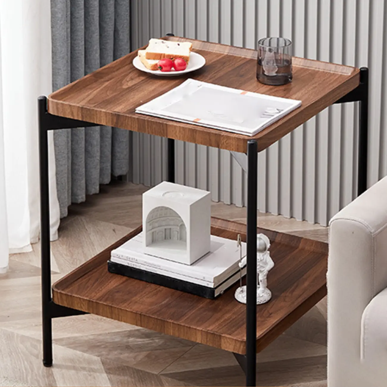 2 Tier Wood Square End Table - Modern Metal Frame Image - 8 | homeyfad