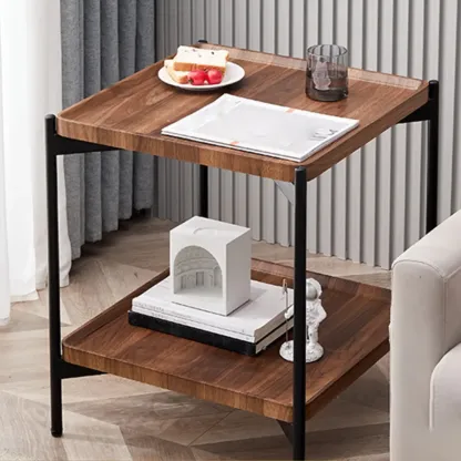 2 Tier Wood Square End Table - Modern Metal Frame Image - 8