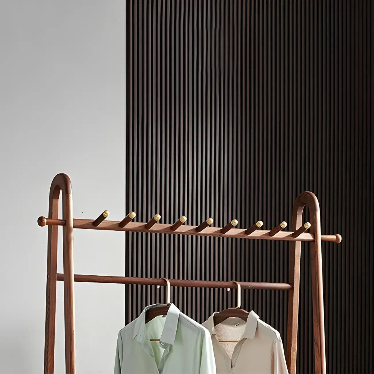 Brown Freestanding Open Wardrobe Ash Wood with Clothing Rod Image - 9