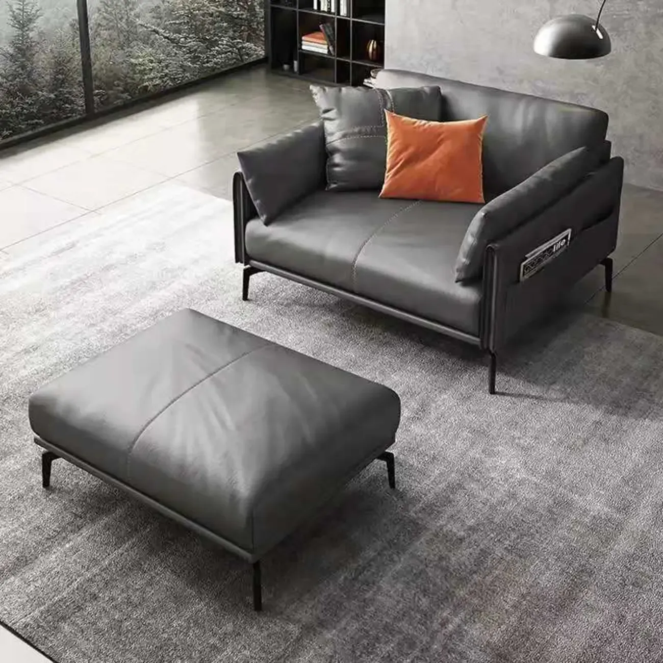 Modern Leather Upholstered Parlor Sofa Loveseat Sofa in Midnight Black with Locker, Cushion and Square Arm Image - 2