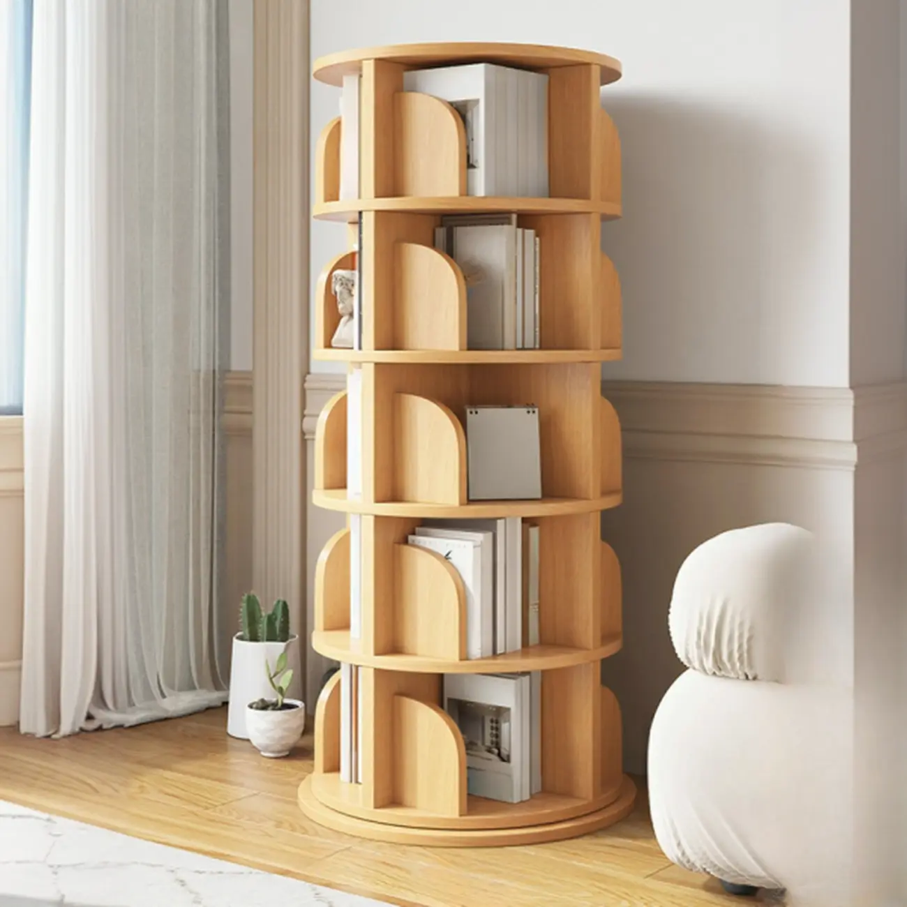 Modern Natural Wood Rotating Bookshelf Image - 15 | homeyfad