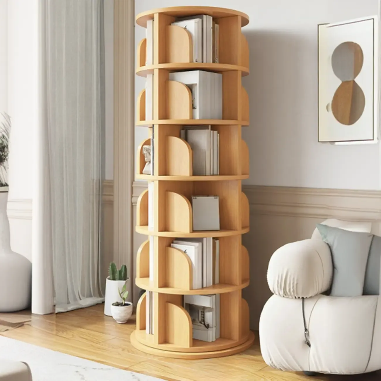 Modern Natural Wood Rotating Bookshelf Image - 16