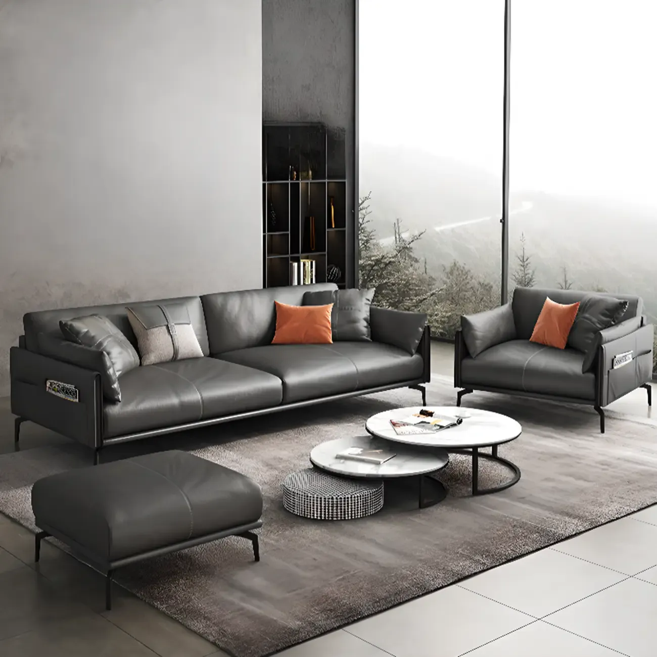 Modern Leather Upholstered Parlor Sofa Loveseat Sofa in Midnight Black with Locker, Cushion and Square Arm Image - 4