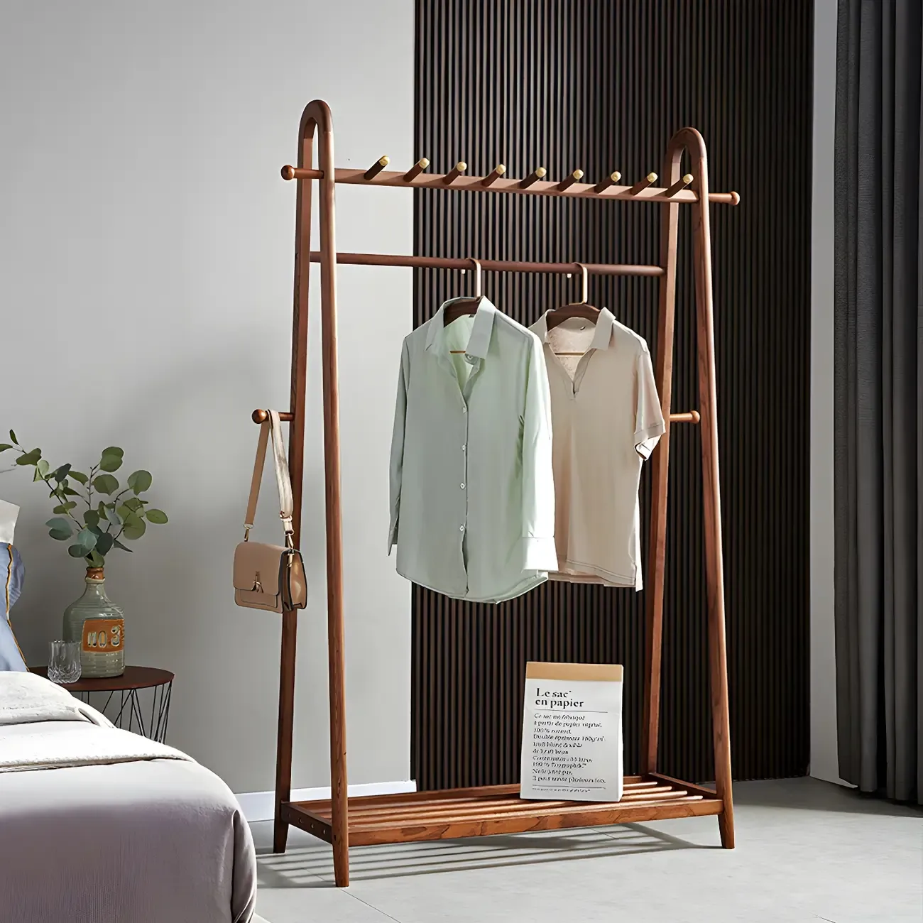 Brown Freestanding Open Wardrobe Ash Wood with Clothing Rod Image - 14