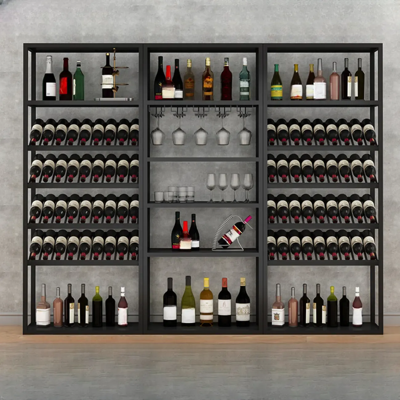 Black Modern Metal Wine Rack with Large Storage Image - 1