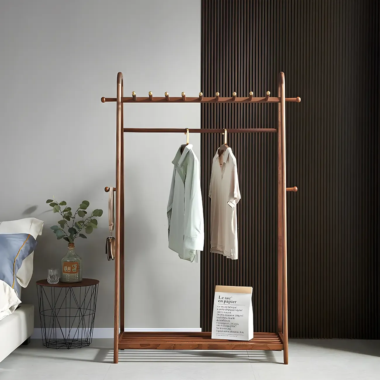 Brown Freestanding Open Wardrobe Ash Wood with Clothing Rod Image - 15
