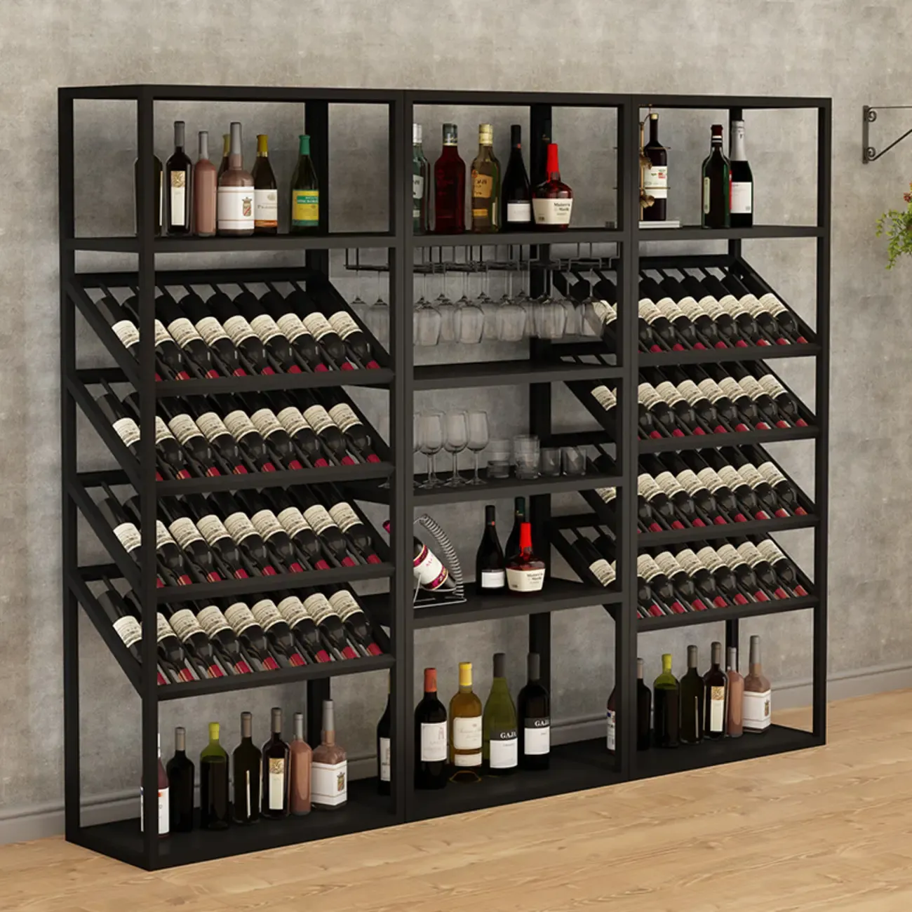 Black Modern Metal Wine Rack with Large Storage Image - 2