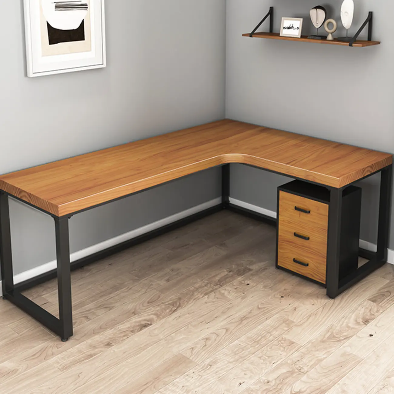 63" L-Shaped Modern Brown Computer Desk with Metal Base		 Image - 2 | homeyfad