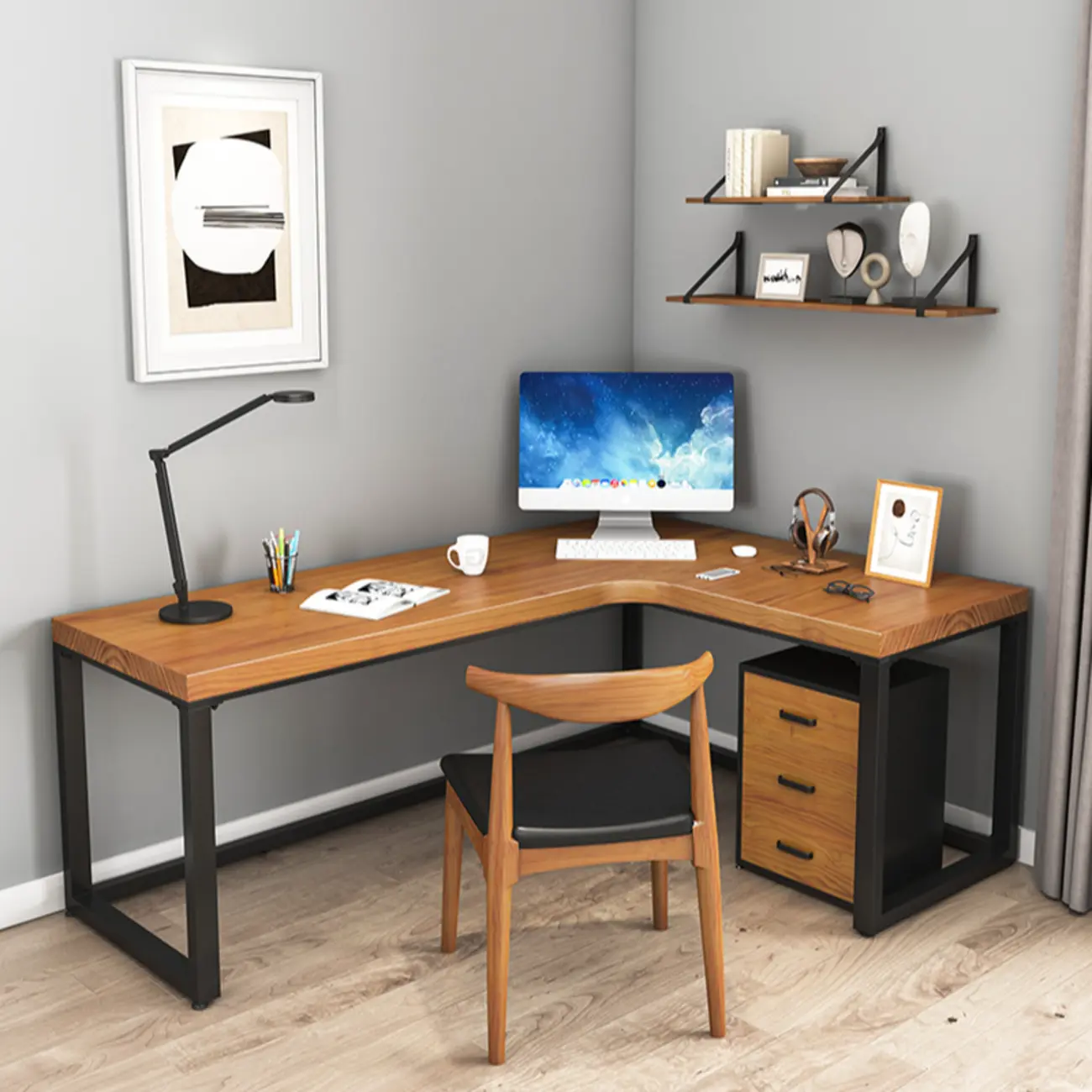 63" L-Shaped Modern Brown Computer Desk with Metal Base		 Image - 3 | homeyfad