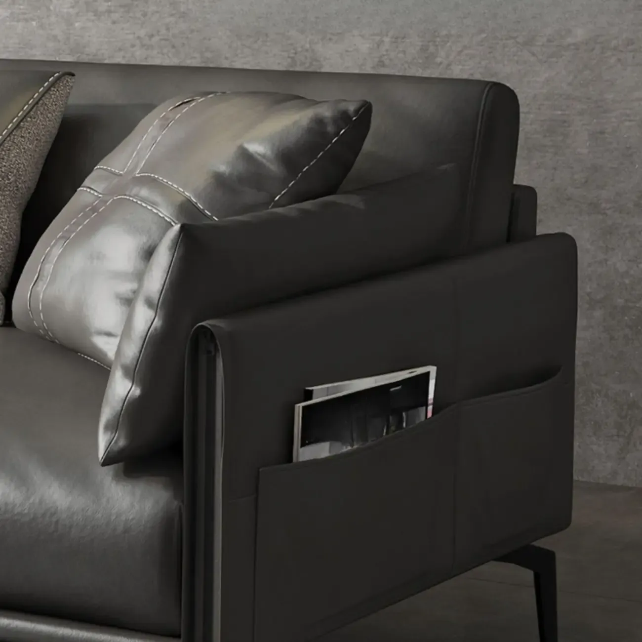 Modern Leather Upholstered Parlor Sofa Loveseat Sofa in Midnight Black with Locker, Cushion and Square Arm Image - 9