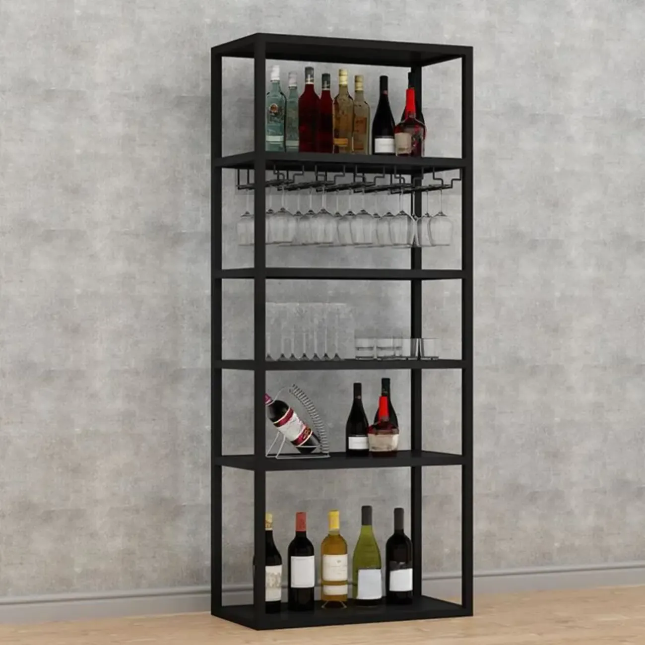 Black Modern Metal Wine Rack with Large Storage Image - 5