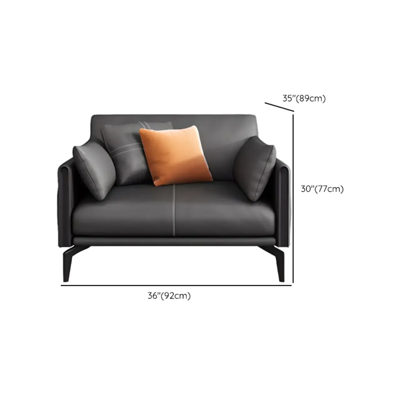 Modern Leather Upholstered Parlor Sofa Loveseat Sofa in Midnight Black with Locker, Cushion and Square Arm #size