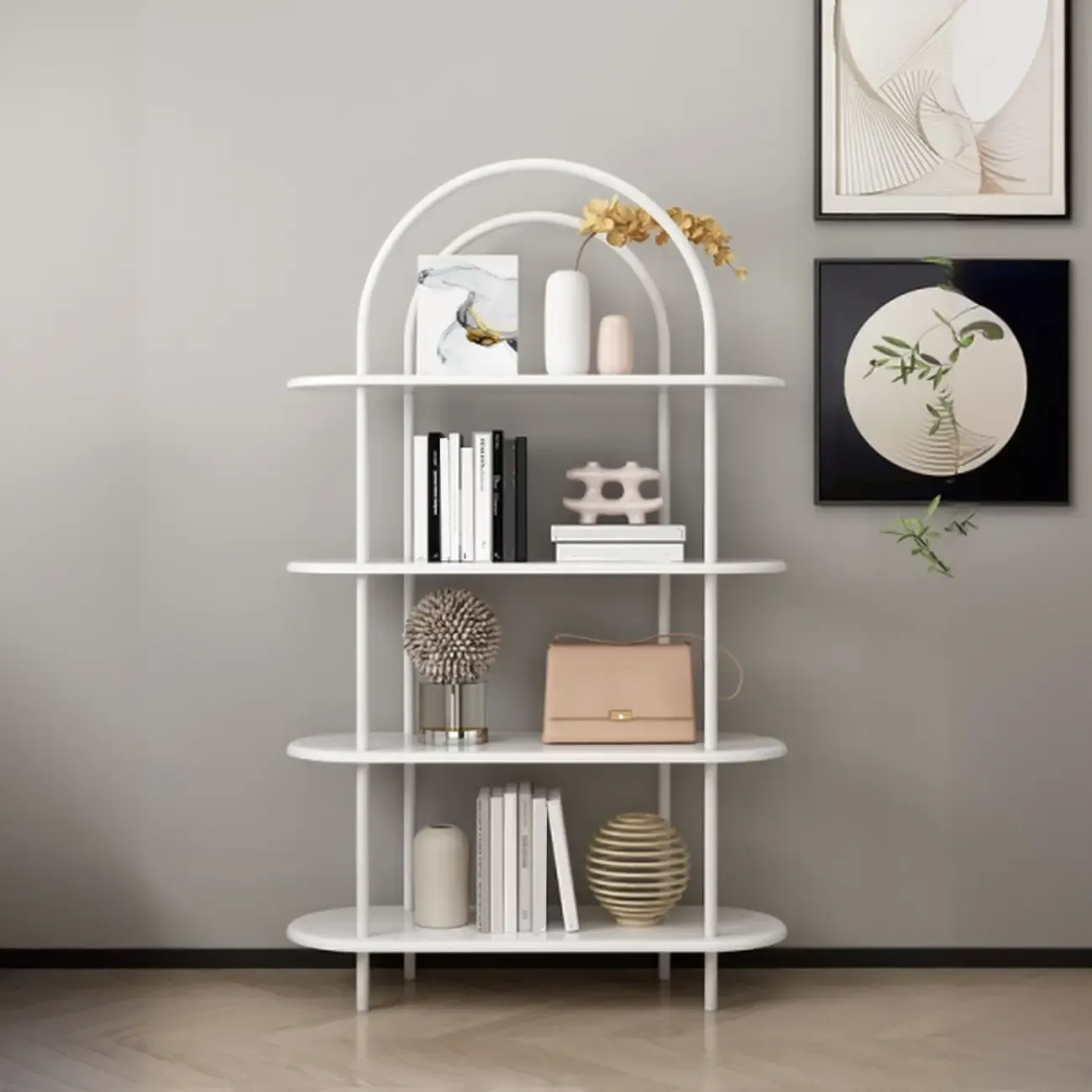 4-Tiers Etagere Arched Open Bookshelf with Metal Frame in White & Black Image - 1