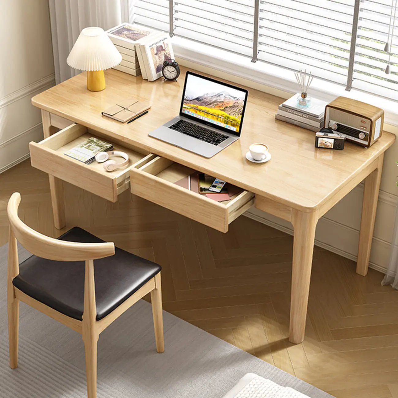 55" Modern Rubber Wood Writing Desk with 2 Drawers Image - 4 | homeyfad