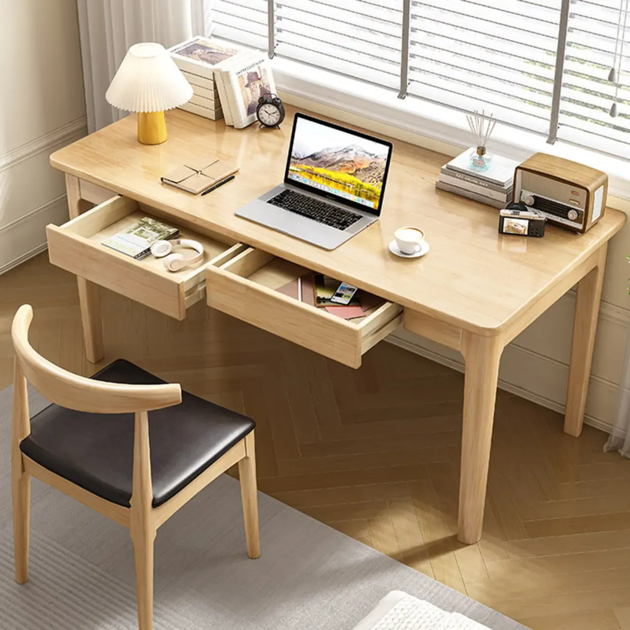 55" Modern Rubber Wood Writing Desk with 2 Drawers Image - 4
