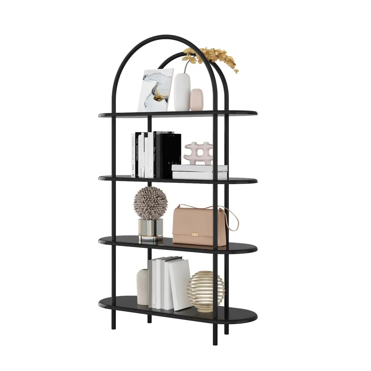 4-Tiers Etagere Arched Open Bookshelf with Metal Frame in White & Black Image - 2
