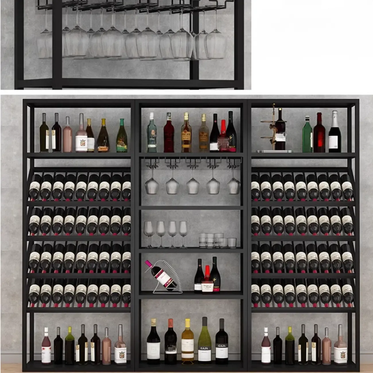 Black Modern Metal Wine Rack with Large Storage Image - 9
