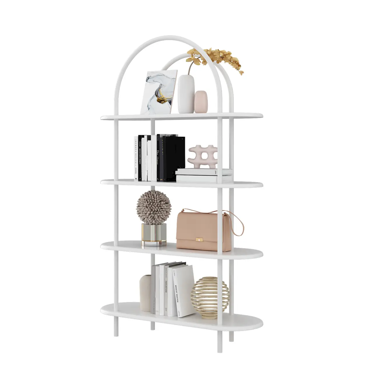 4-Tiers Etagere Arched Open Bookshelf with Metal Frame in White & Black Image - 3 | homeyfad