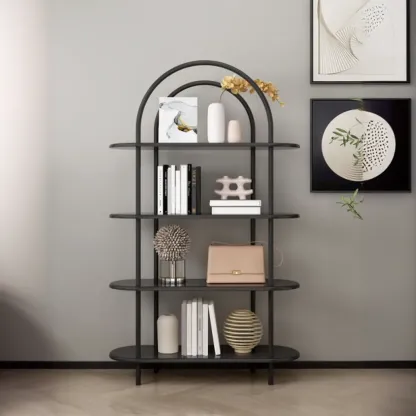 4-Tiers Etagere Arched Open Bookshelf with Metal Frame in White & Black Image - 4