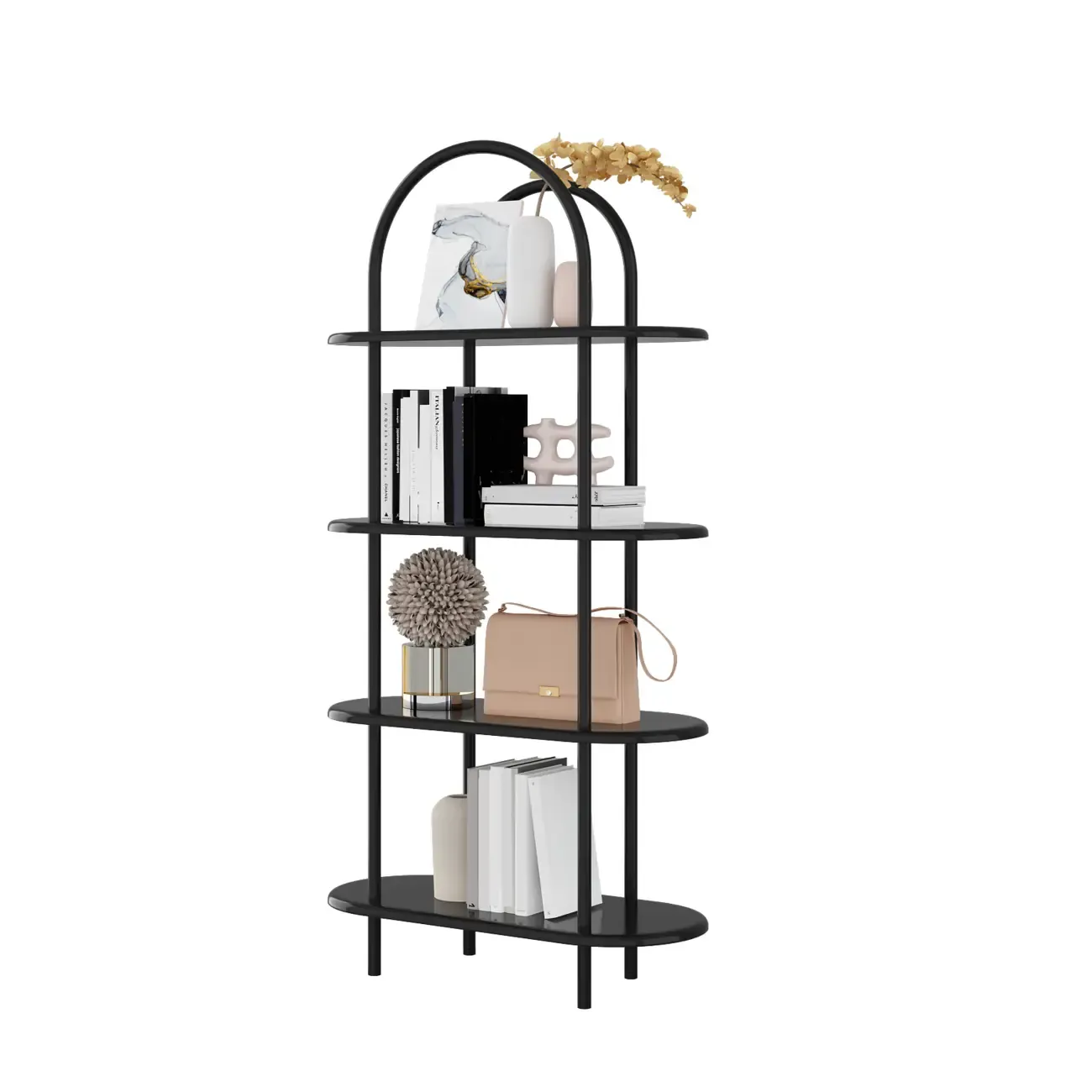 4-Tiers Etagere Arched Open Bookshelf with Metal Frame in White & Black Image - 5