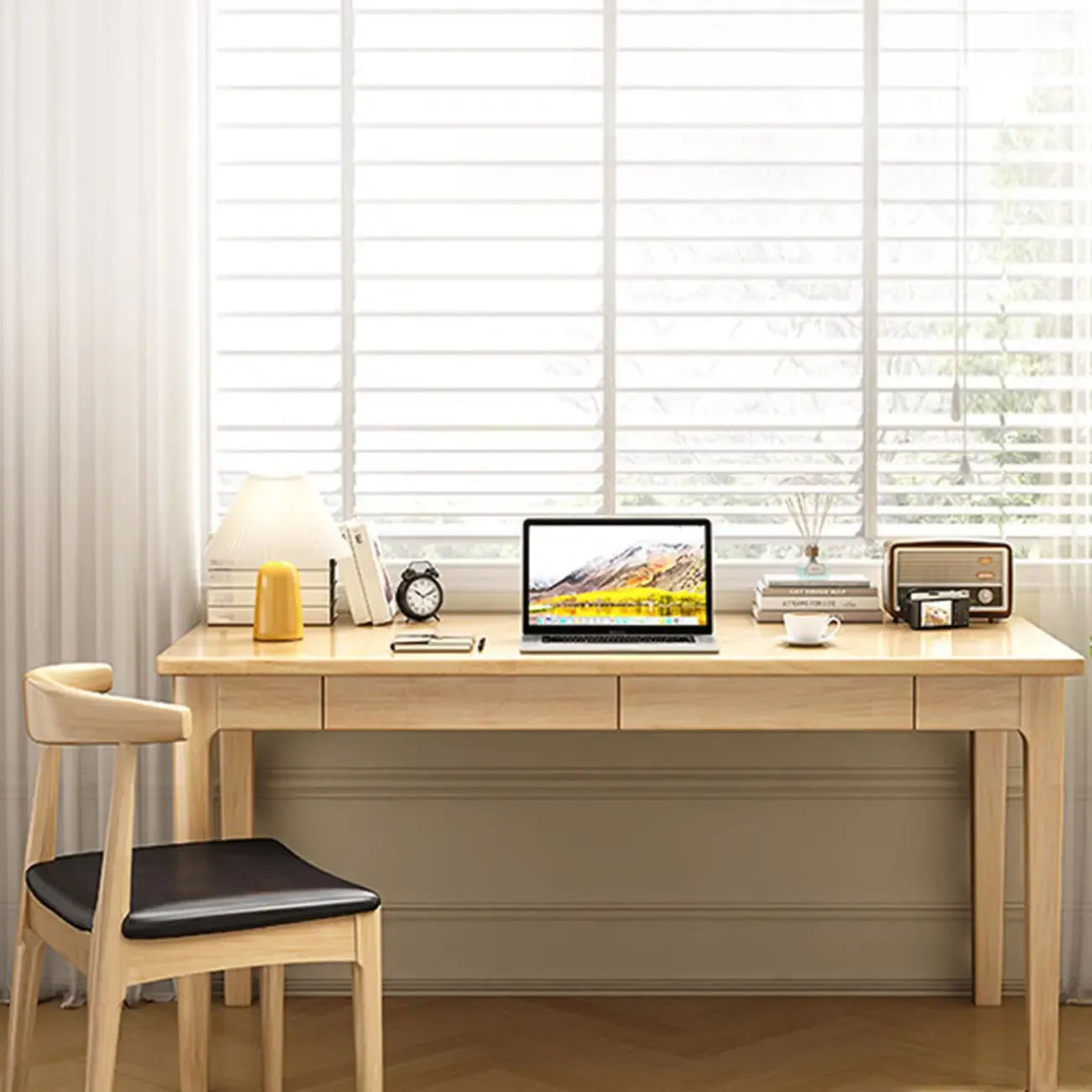 55" Modern Rubber Wood Writing Desk with 2 Drawers Image - 8
