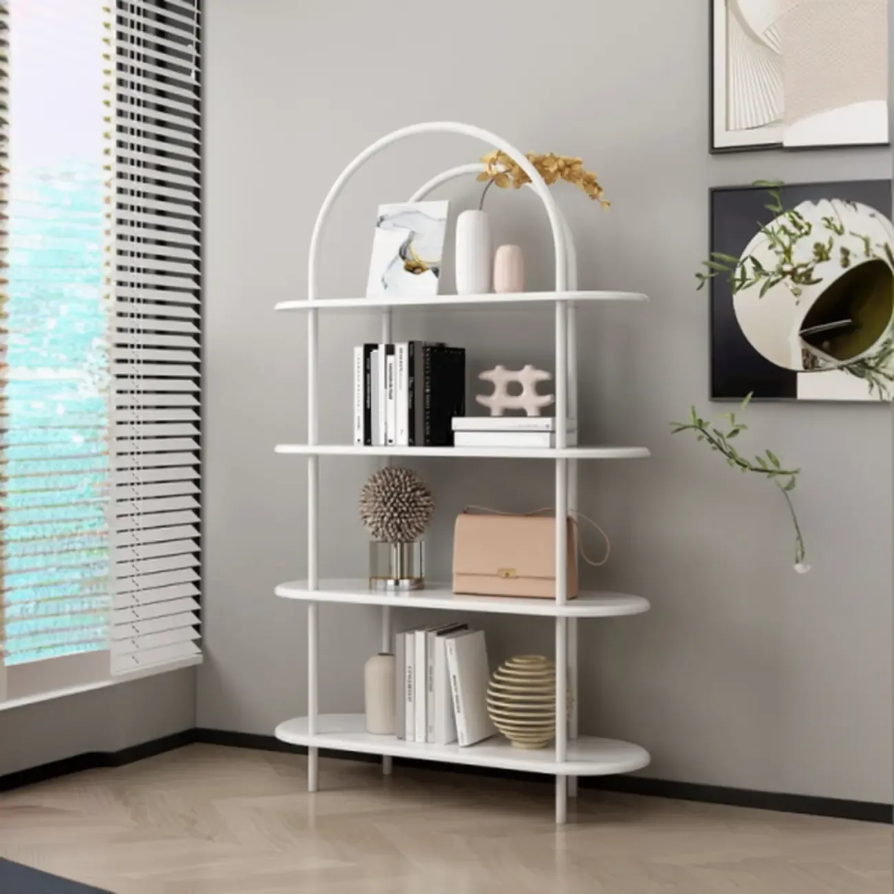 4-Tiers Etagere Arched Open Bookshelf with Metal Frame in White & Black Image - 6