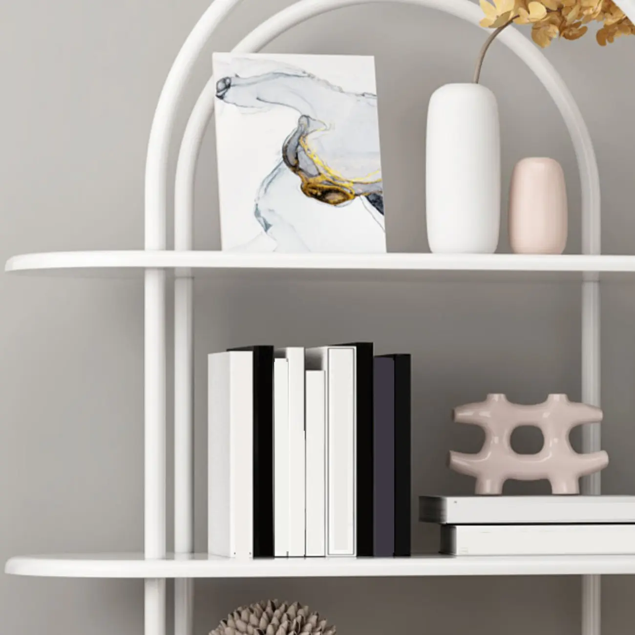 4-Tiers Etagere Arched Open Bookshelf with Metal Frame in White & Black Image - 8 | homeyfad