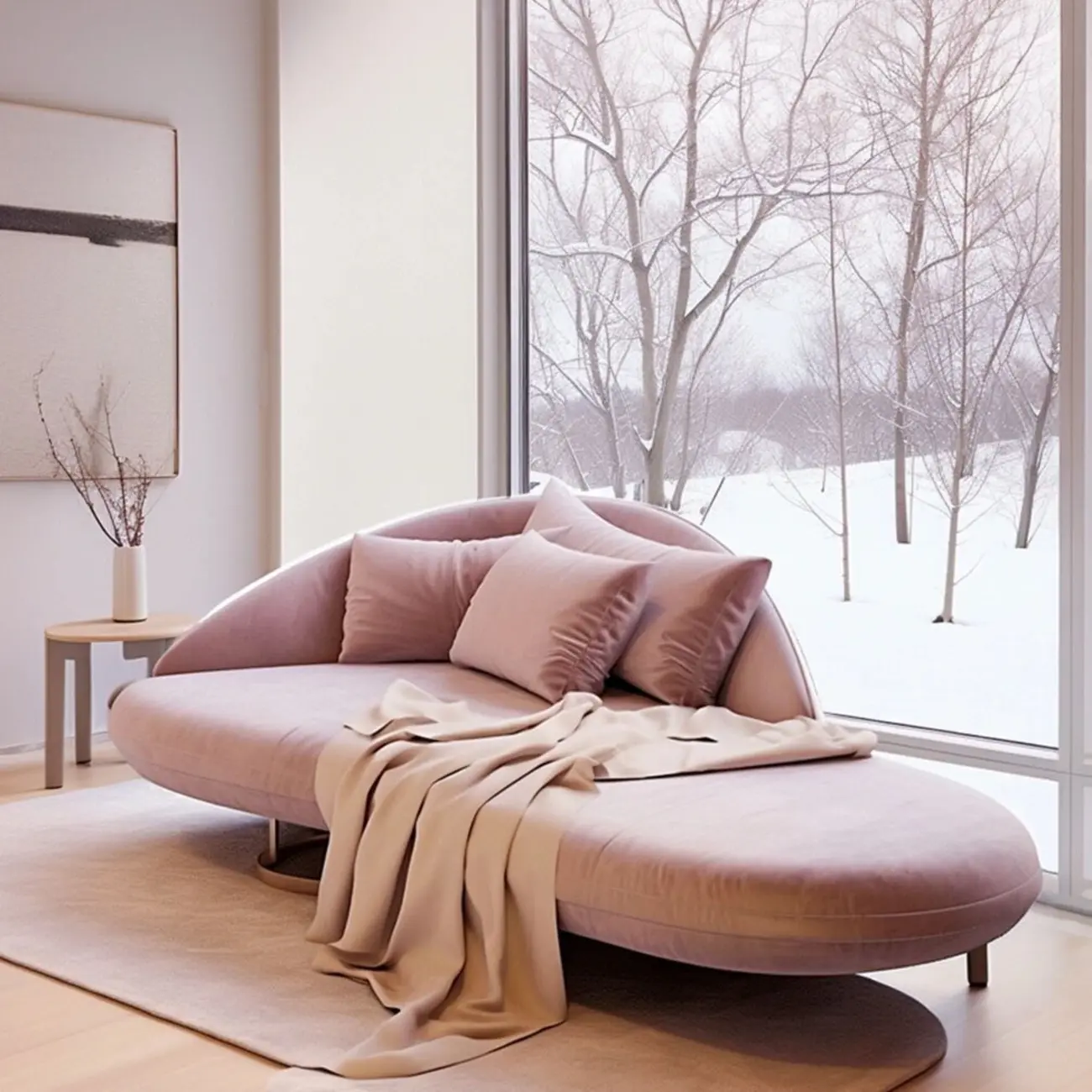 Flannel Upholstered Curved Pink Lounge Chaise for Living Room with 3 Pillows Image - 1 | homeyfad
