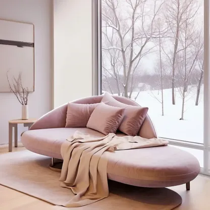 Flannel Upholstered Curved Pink Lounge Chaise for Living Room with 3 Pillows Image - 1