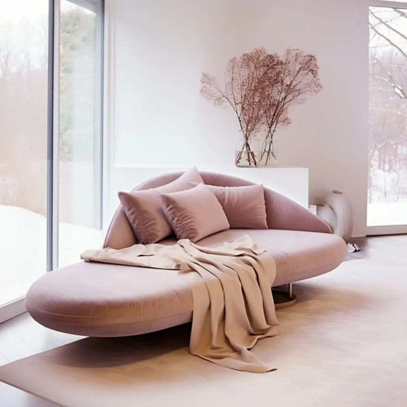 Flannel Upholstered Curved Pink Lounge Chaise for Living Room with 3 Pillows Image - 3