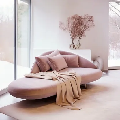 Flannel Upholstered Curved Pink Lounge Chaise for Living Room with 3 Pillows Image - 3