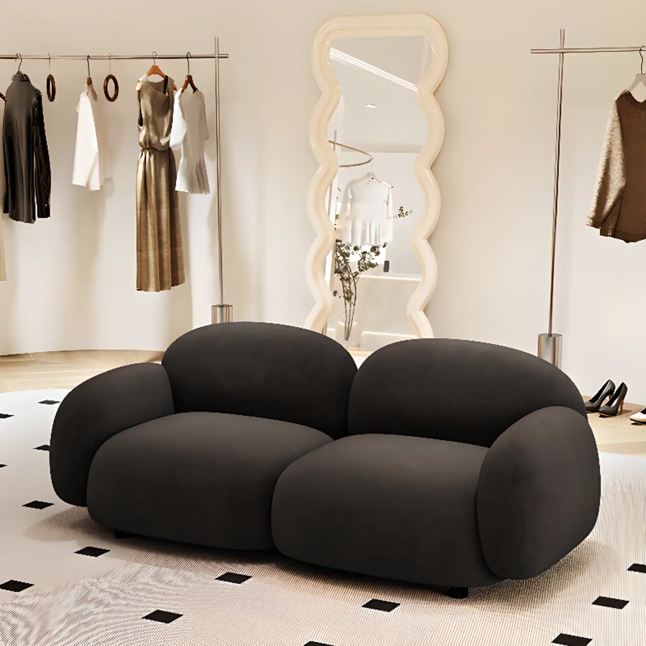 Modern Black Flannel Loveseat 3 Seater Upholstered Sofa for Living Room Image - 1 | homeyfad