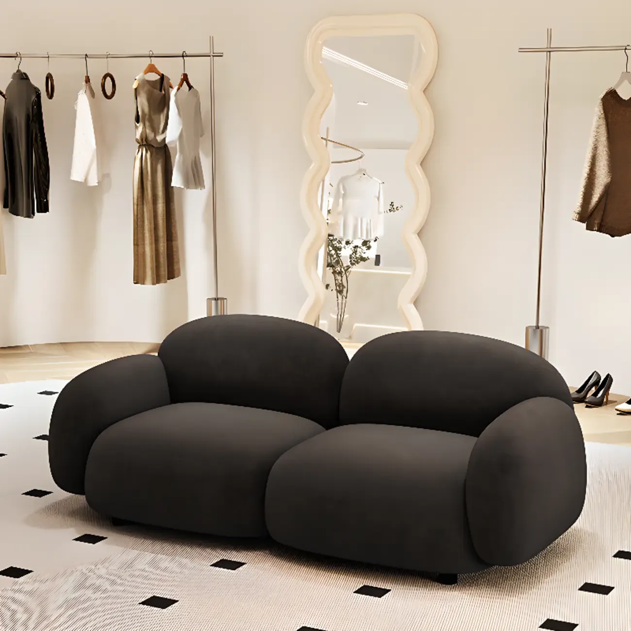 Modern Black Flannel Loveseat 3 Seater Upholstered Sofa for Living Room Image - 1