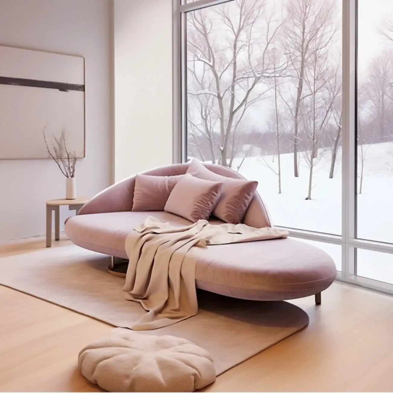 Flannel Upholstered Curved Pink Lounge Chaise for Living Room with 3 Pillows Image - 5