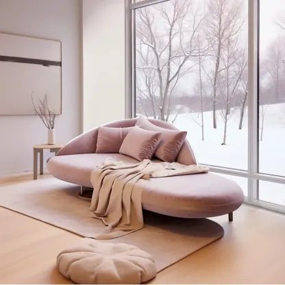 Flannel Upholstered Curved Pink Lounge Chaise for Living Room with 3 Pillows Image - 5