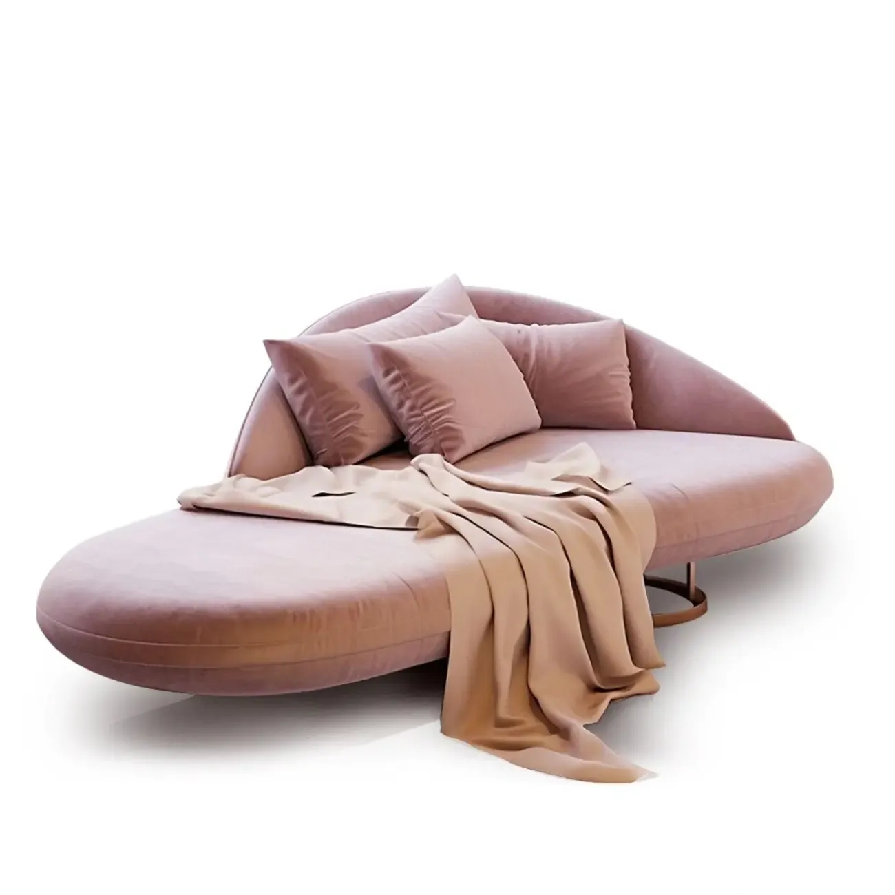Flannel Upholstered Curved Pink Lounge Chaise for Living Room with 3 Pillows Image - 6