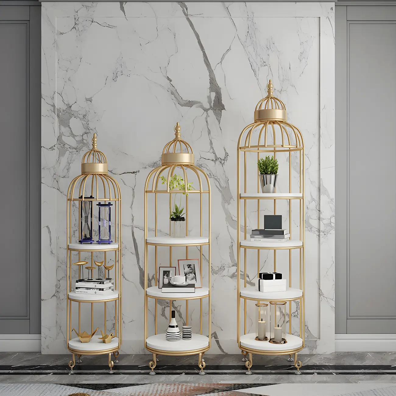 Modern Bird Cage Shaped Standing Bookcase with White Shelf Display Gold Frame Image - 1 | homeyfad