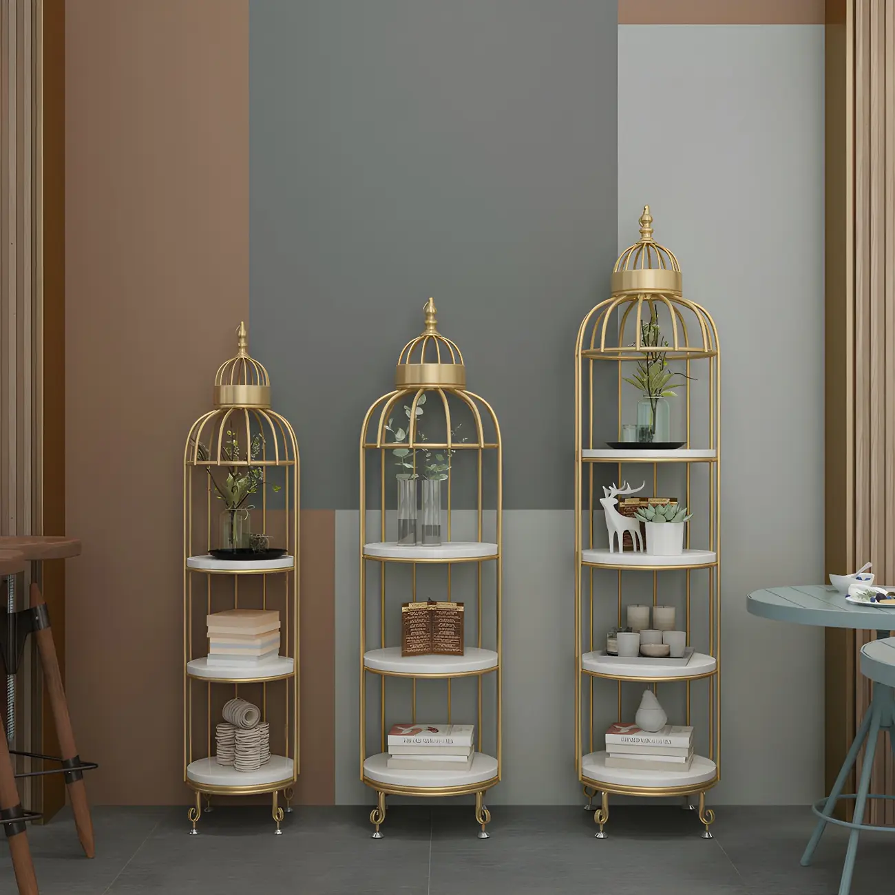 Modern Bird Cage Shaped Standing Bookcase with White Shelf Display Gold Frame Image - 2 | homeyfad