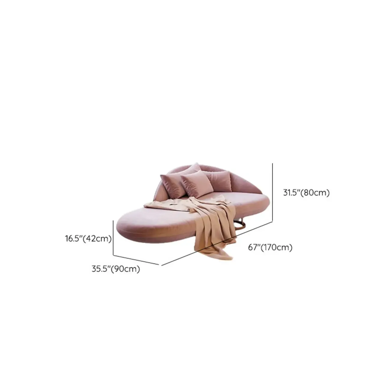 Flannel Upholstered Curved Pink Lounge Chaise for Living Room with 3 Pillows Image - 10